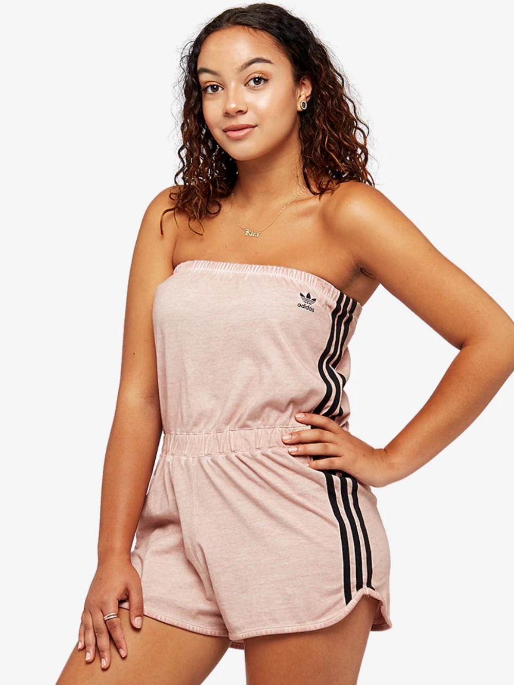 adidas Originals Pink Strapless Romper with Black 3-Stripes